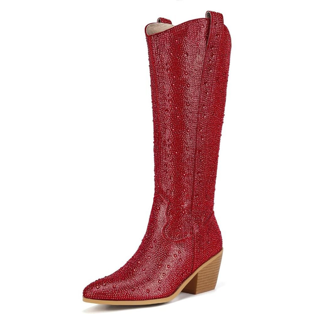 Women's Red Rhinestone Cowboy Boot Knee High Western Cowgirl Boots Pointed Toe